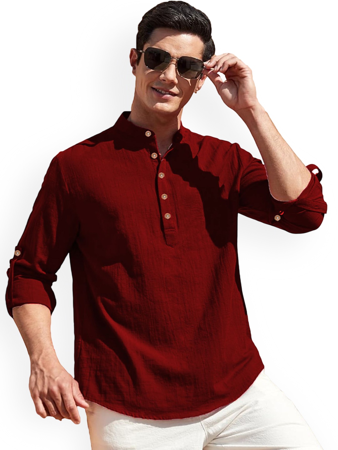 

Vida Loca Mandarin Collar Pure Cotton Slim Fit Straight Short Kurta, Maroon