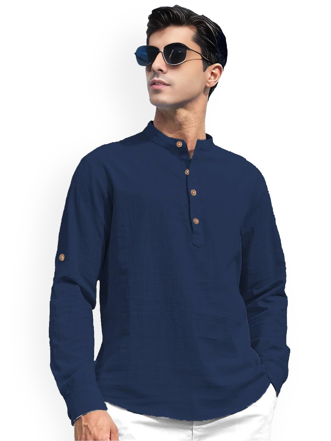 

Vida Loca Mandarin Collar Pure Cotton Straight Kurta, Navy blue