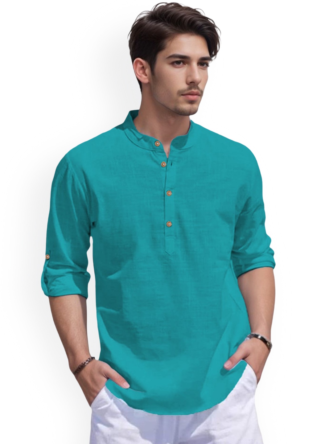 

Vida Loca Band Collar Roll-Up Sleeves Pure Cotton Slim Fit Straight Short Kurta, Turquoise blue