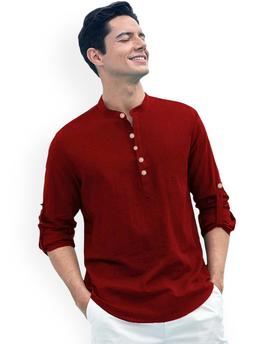 

Vida Loca Band Collar Roll-Up Sleeves Pure Cotton Slim Fit Straight Short Kurta, Maroon