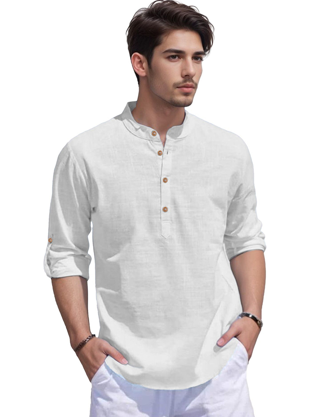 

Vida Loca Band Collar Roll-Up Sleeves Pure Cotton Slim Fit Straight Short Kurta, White