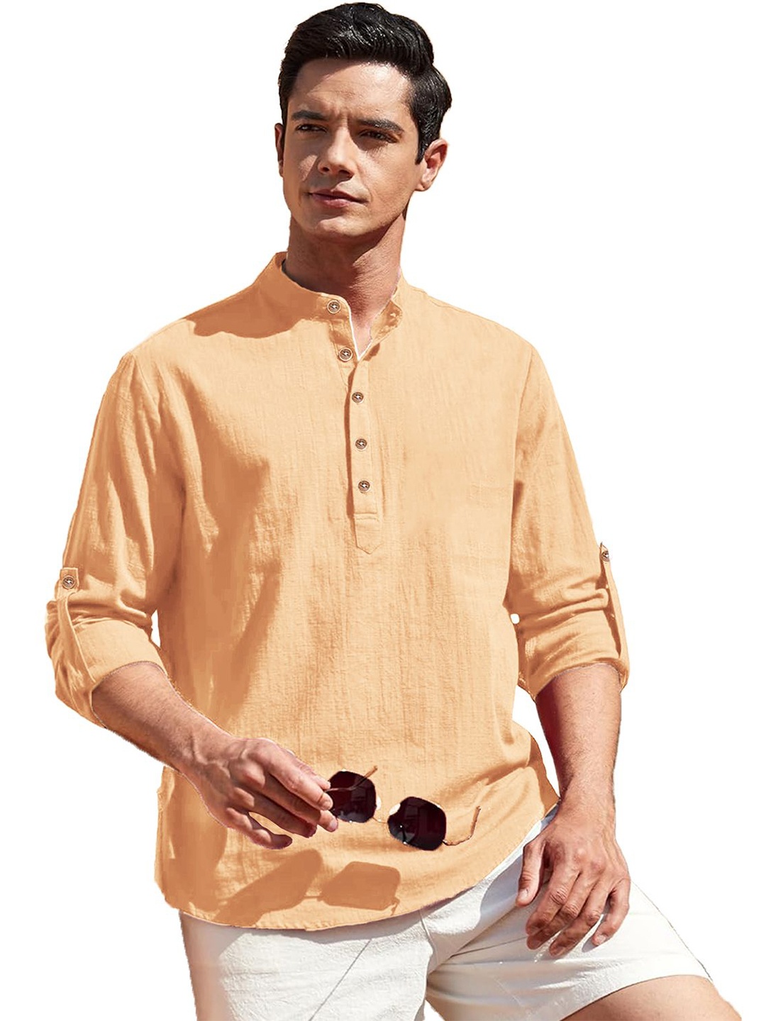 

Vida Loca Band Collar Roll-Up Sleeves Pure Cotton Slim Fit Straight Short Kurta, Orange