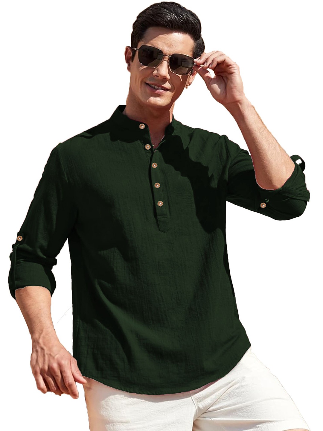 

Vida Loca Mandarin Collar Pure Cotton Slim Fit Straight Short Kurta, Green