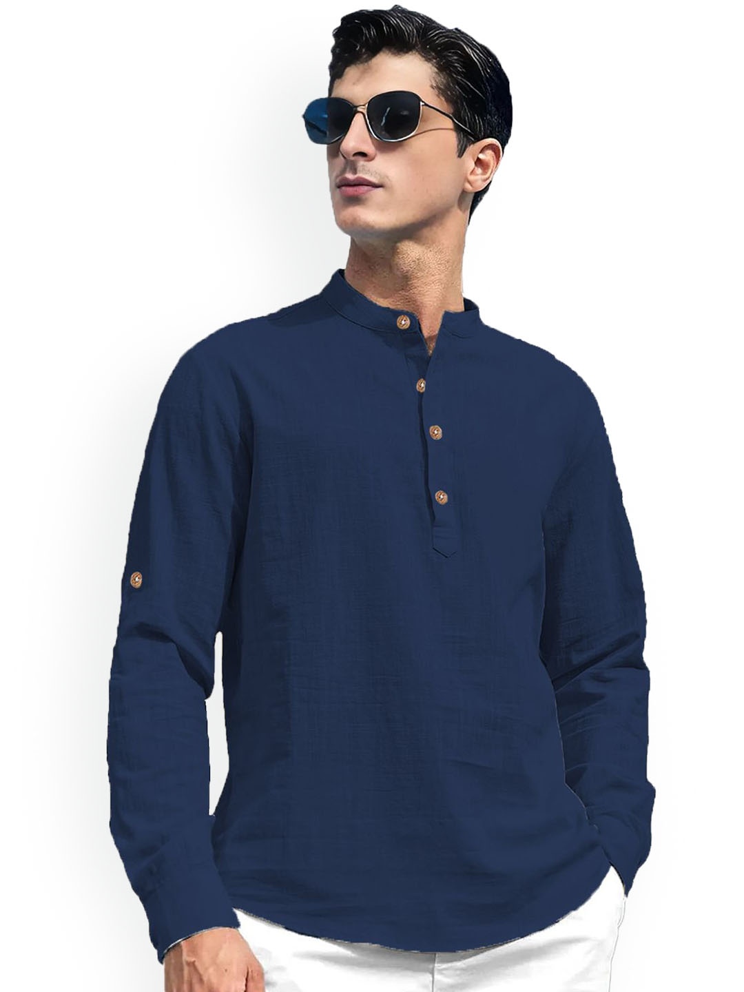 

Vida Loca Roll-Up Sleeves Band Collar Cotton Straight Short Kurta, Navy blue