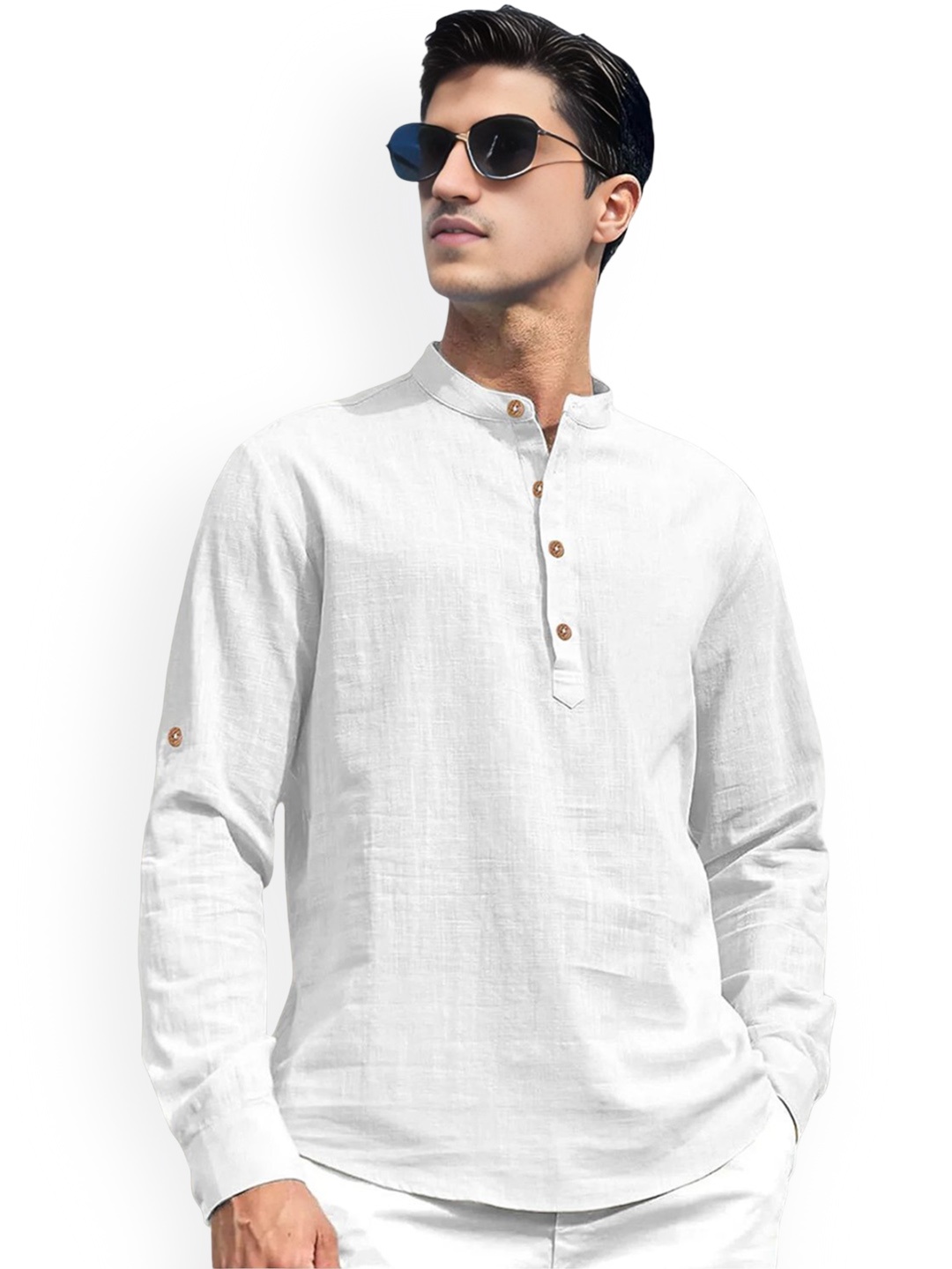 

Vida Loca Band Collar Roll-Up Sleeves Pure Cotton Slim Fit Straight Short Kurta, White