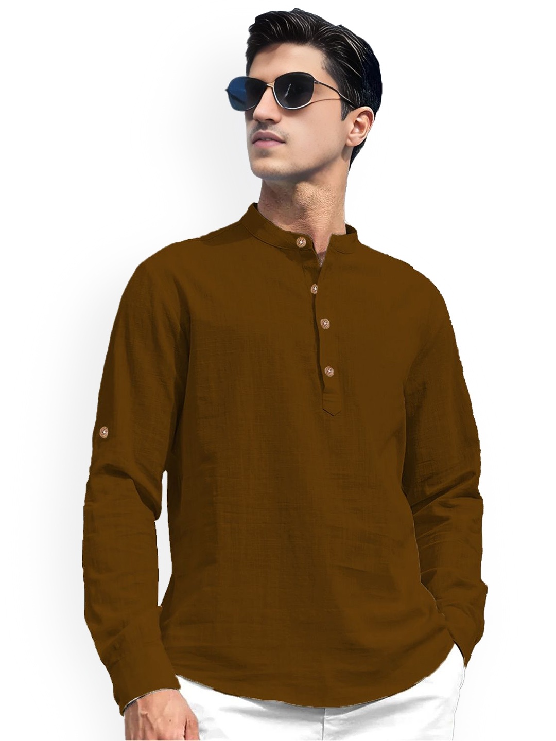 

Vida Loca Mandarin Collar Pure Cotton Slim Fit Straight Short Kurta, Brown