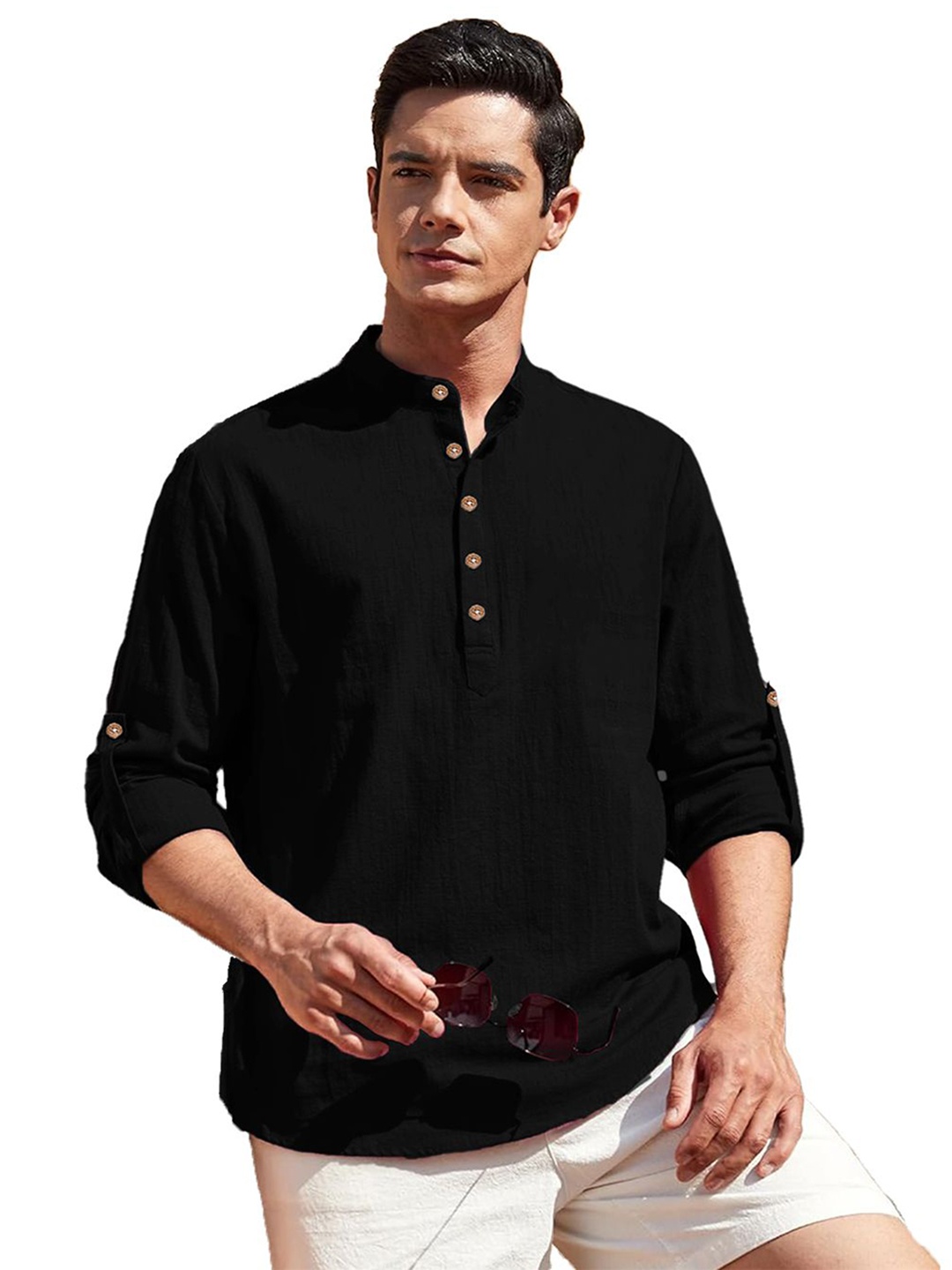 

Vida Loca Mandarin Collar Pure Cotton Slim Fit Straight Short Kurta, Black