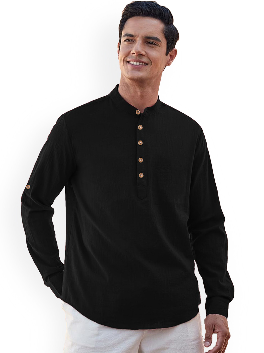 

Vida Loca Mandarin Collar Pure Cotton Slim Fit Straight Short Kurta, Black
