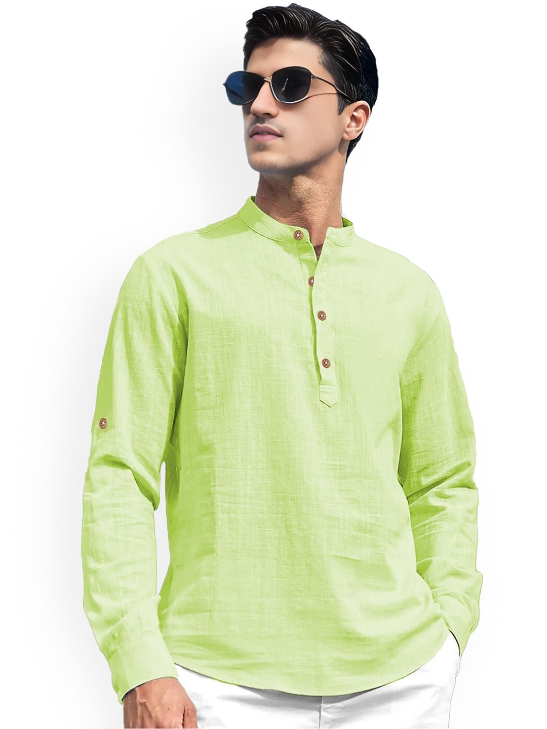 

Vida Loca Mandarin Collar Pure Cotton Slim Fit Straight Short Kurta, Sea green