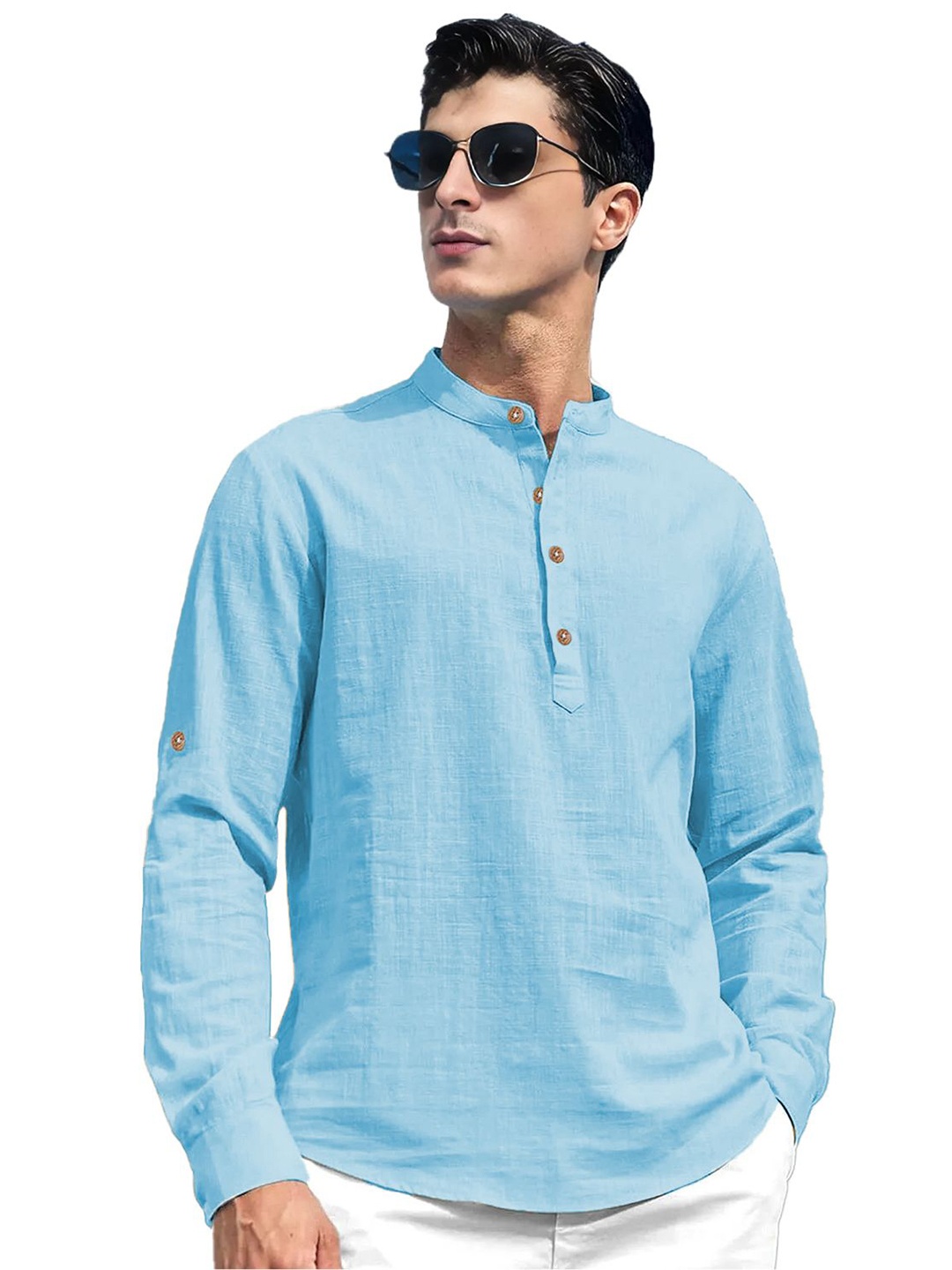 

Vida Loca Mandarin Collar Pure Cotton Slim Fit Straight Short Kurta, Blue