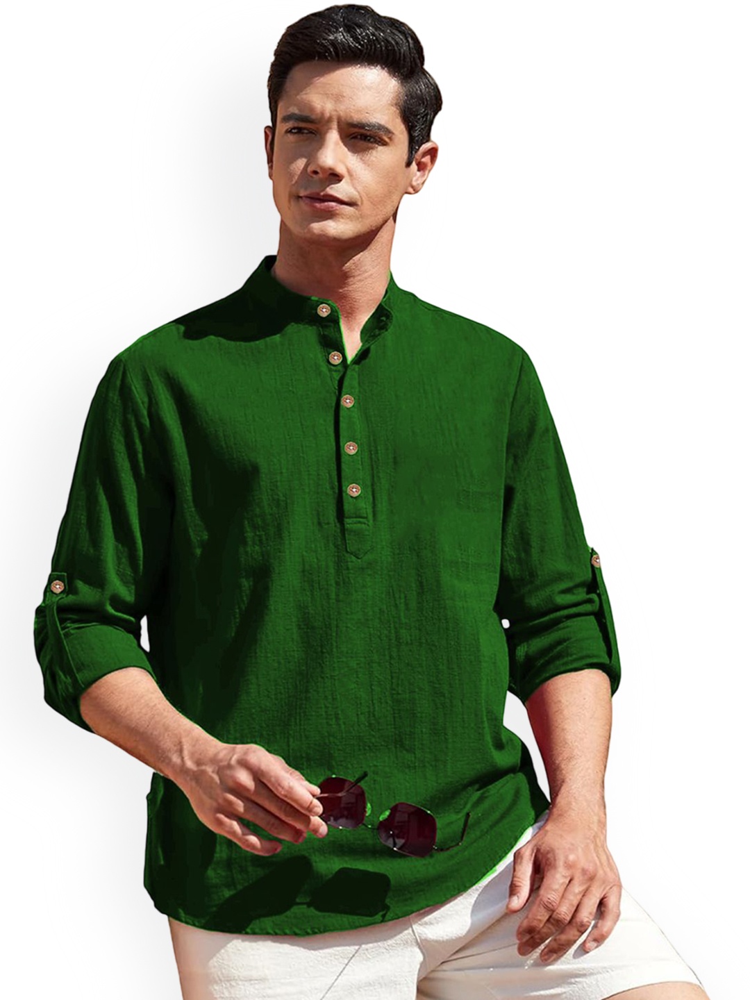 

Vida Loca Roll-Up Sleeves Band Collar Cotton Straight Short Kurta, Fluorescent green