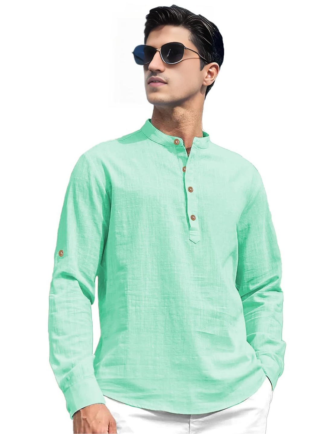 

Vida Loca Band Collar Roll-Up Sleeves Pure Cotton Slim Fit Straight Short Kurta, Lime green