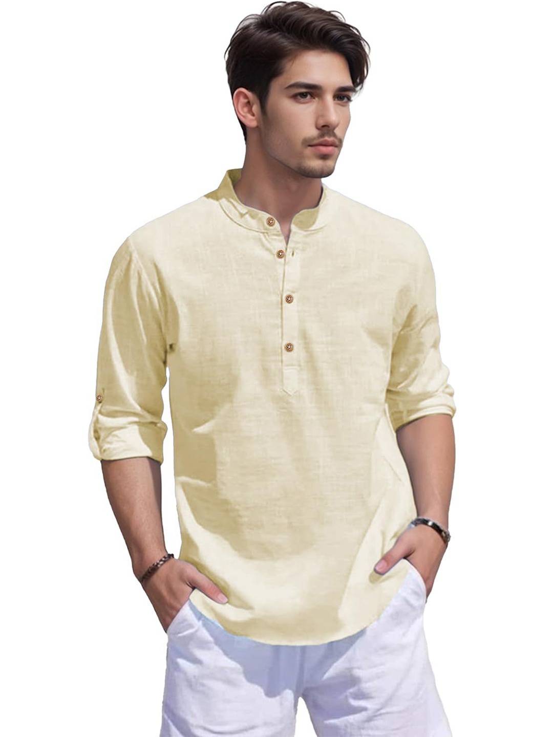 

Vida Loca Band Collar Roll-Up Sleeves Pure Cotton Slim Fit Straight Short Kurta, Beige