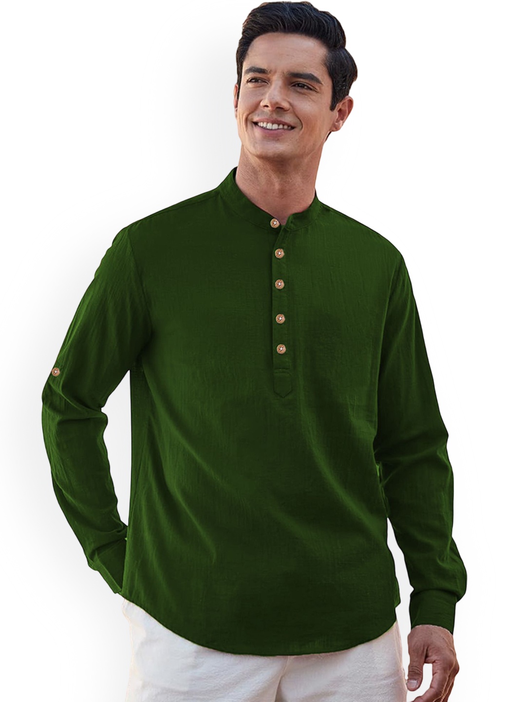 

Vida Loca Roll-Up Sleeves Band Collar Cotton Straight Short Kurta, Fluorescent green