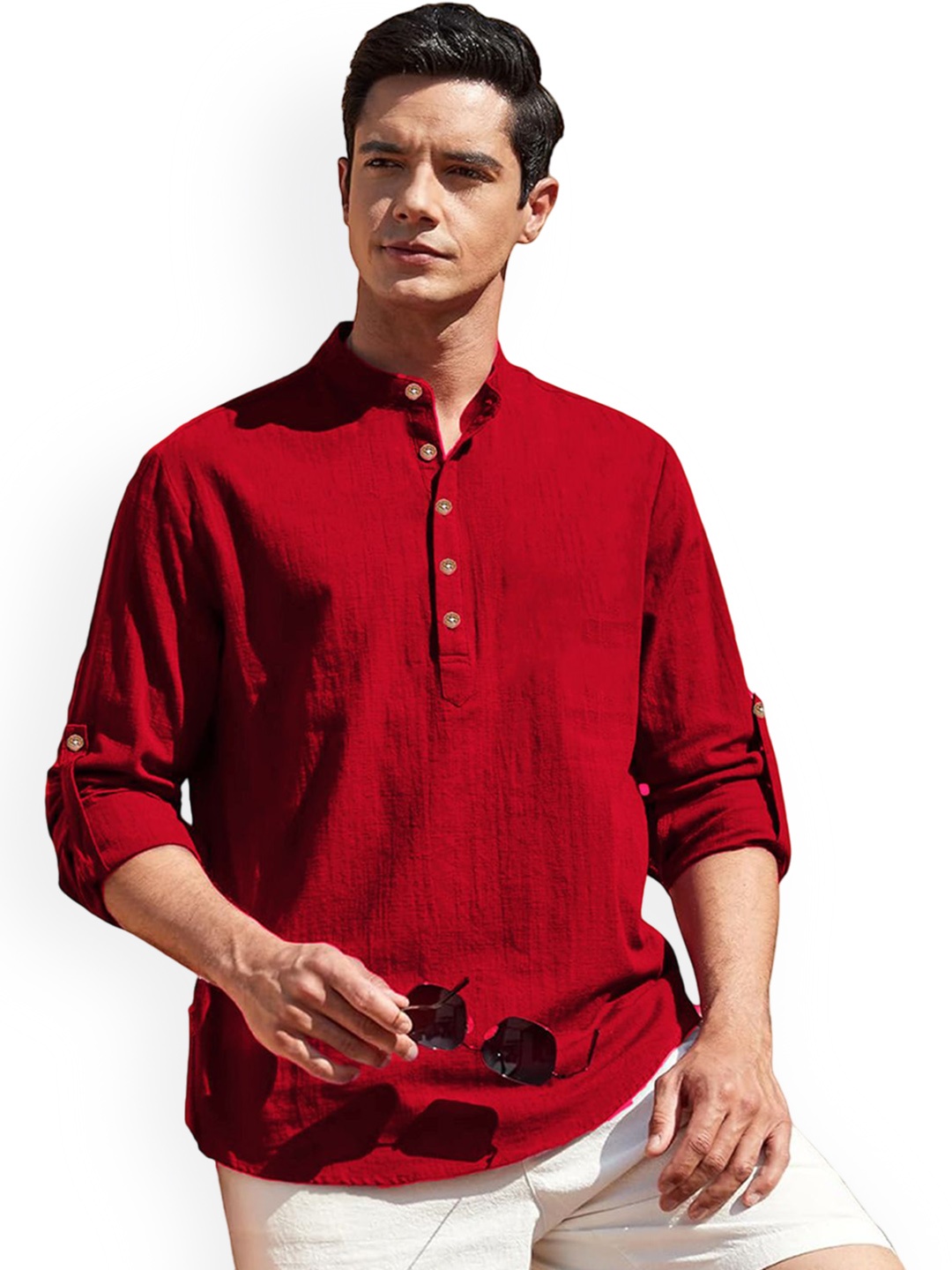 

Vida Loca Band Collar Roll-Up Sleeves Pure Cotton Slim Fit Straight Short Kurta, Red