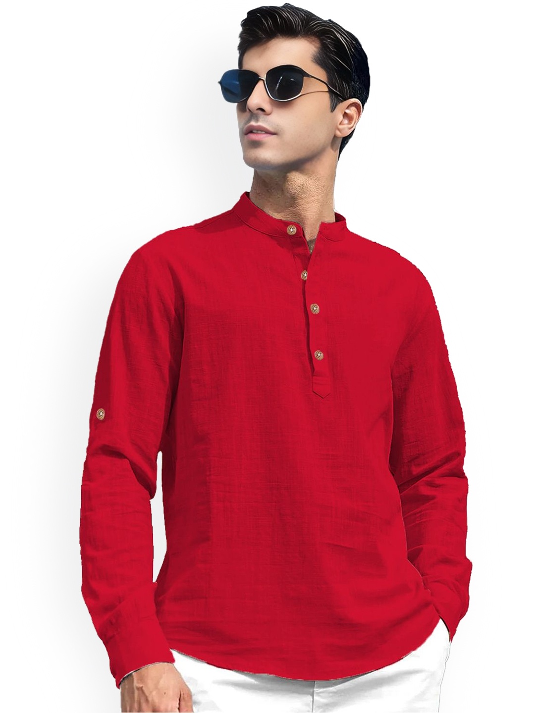 

Vida Loca Roll-Up Sleeves Band Collar Cotton Straight Short Kurta, Red
