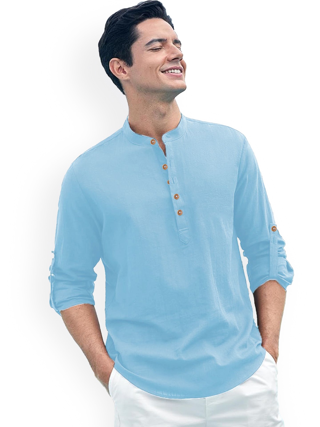 

Vida Loca Roll-Up Sleeves Band Collar Cotton Straight Short Kurta, Blue