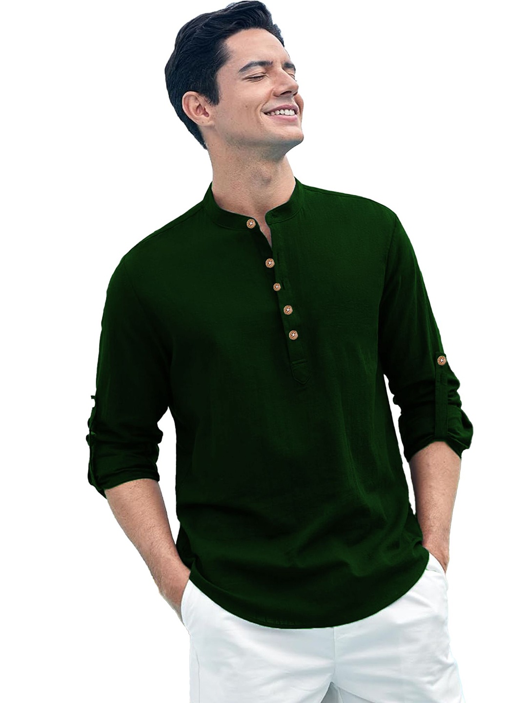 

Vida Loca Band Collar Roll-Up Sleeves Pure Cotton Slim Fit Straight Short Kurta, Green