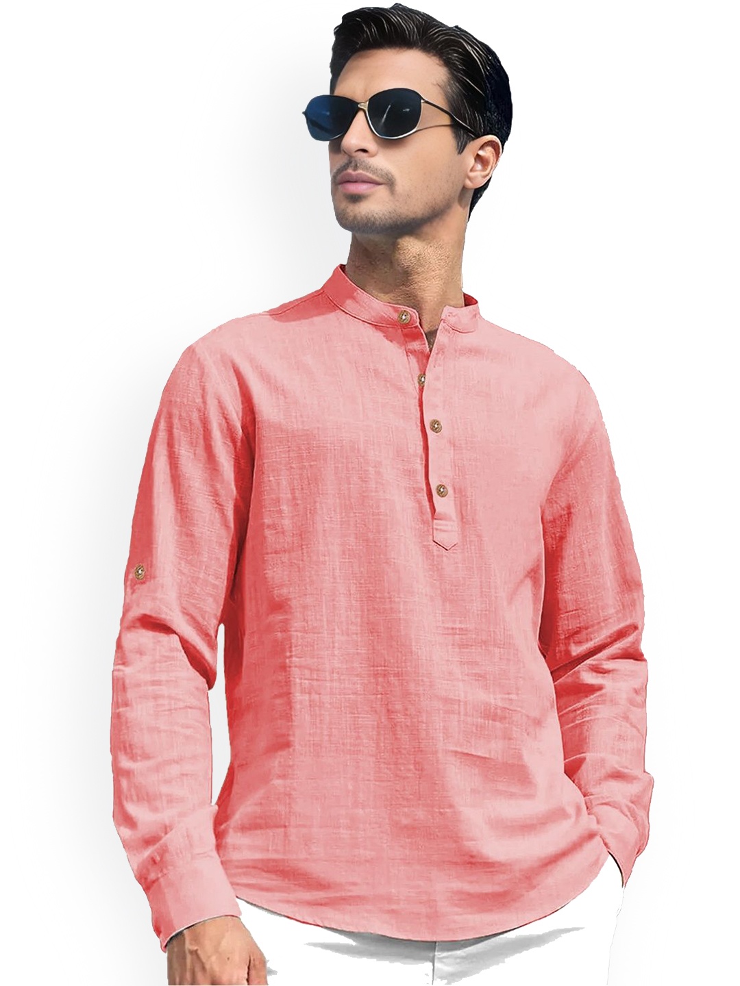 

Vida Loca Roll-Up Sleeves Band Collar Cotton Straight Short Kurta, Peach