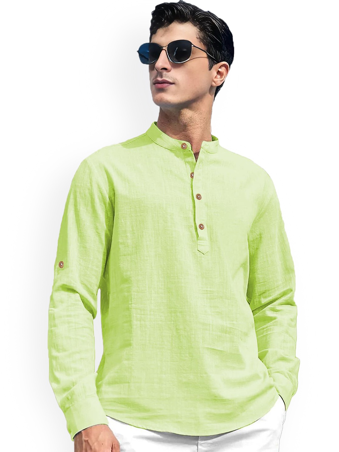 

Vida Loca Band Collar Roll-Up Sleeves Pure Cotton Slim Fit Straight Short Kurta, Green