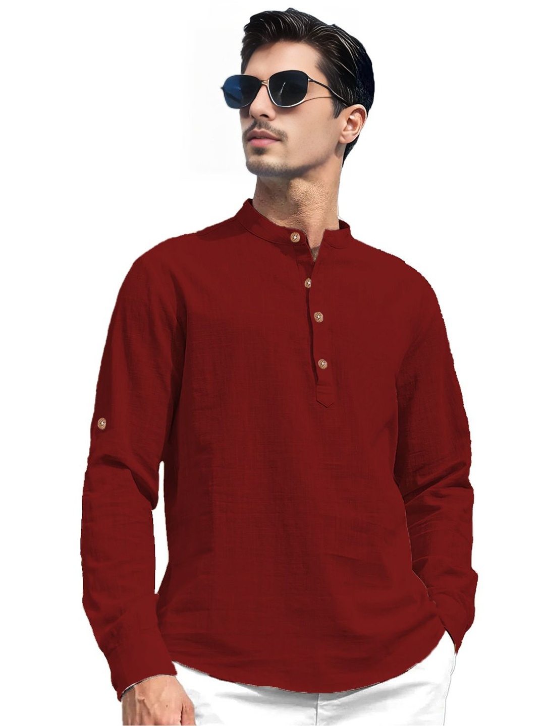 

Vida Loca Band Collar Roll-Up Sleeves Pure Cotton Slim Fit Straight Short Kurta, Maroon