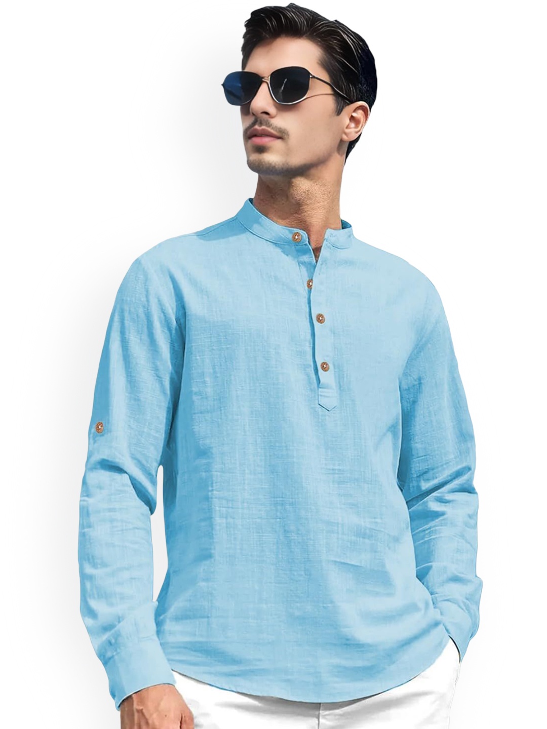 

Vida Loca Band Collar Roll-Up Sleeves Pure Cotton Slim Fit Straight Short Kurta, Blue