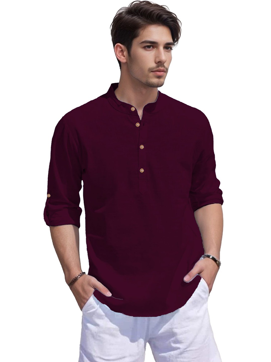 

Vida Loca Band Collar Roll-Up Sleeves Pure Cotton Slim Fit Straight Short Kurta, Purple