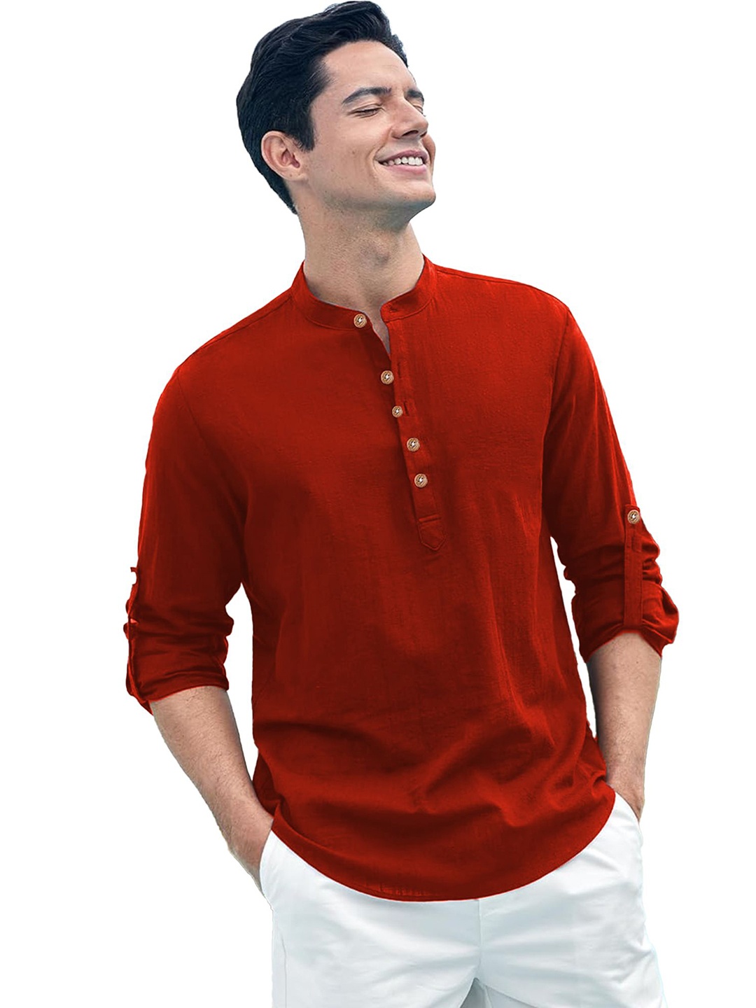 

Vida Loca Mandarin Collar Pure Cotton Slim Fit Straight Short Kurta, Red