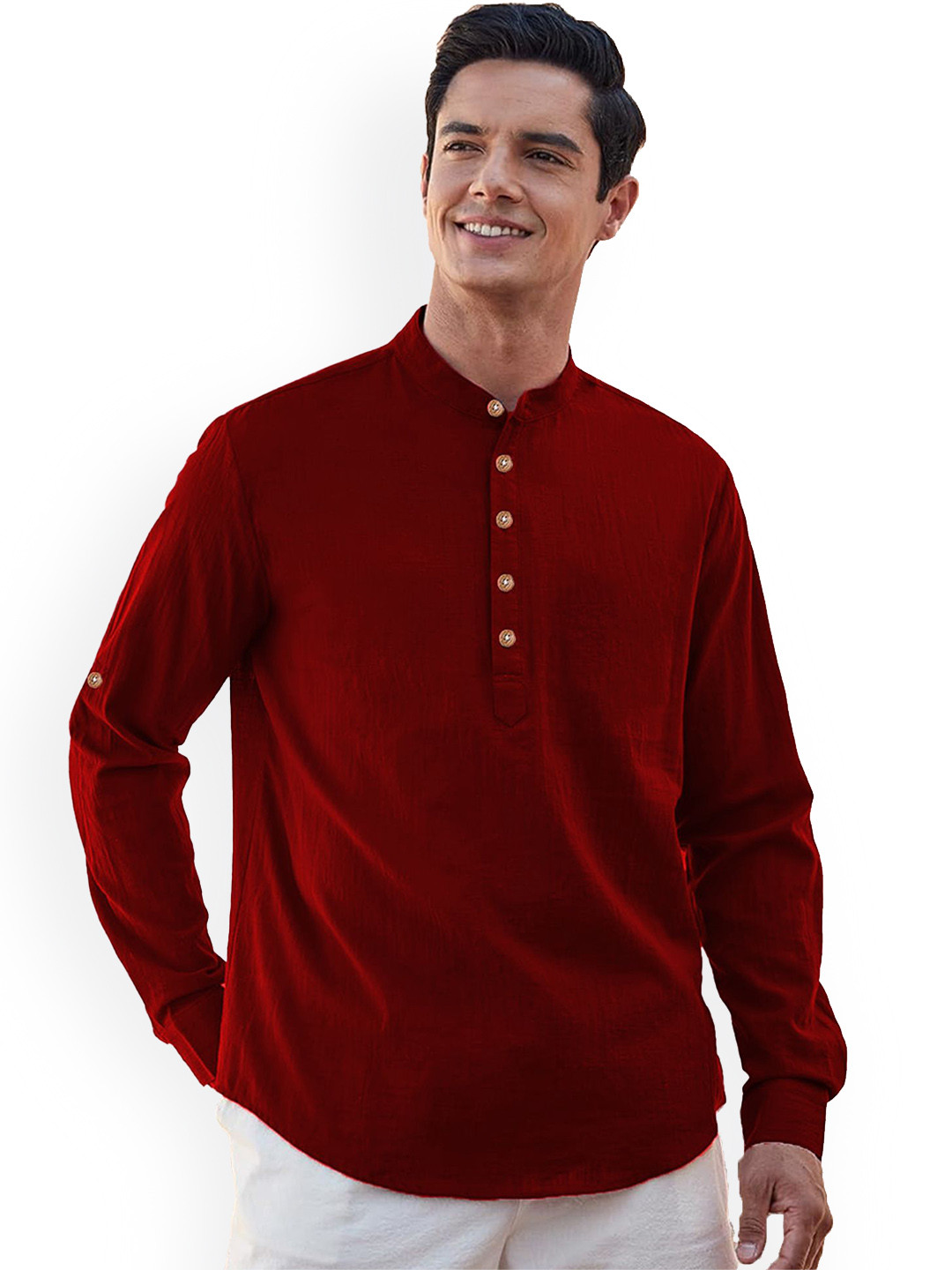 

Vida Loca Band Collar Roll-Up Sleeves Pure Cotton Slim Fit Straight Short Kurta, Maroon
