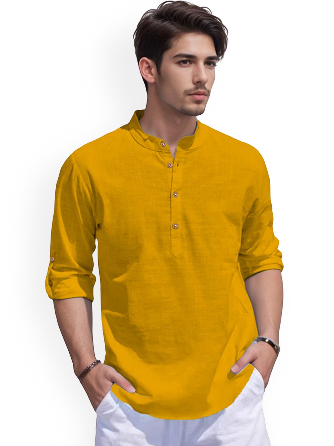 

Vida Loca Roll-Up Sleeves Band Collar Cotton Straight Short Kurta, Yellow