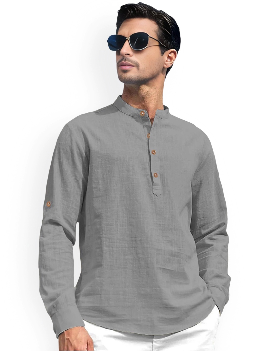 

Vida Loca Mandarin Collar Pure Cotton Slim Fit Straight Short Kurta, Grey