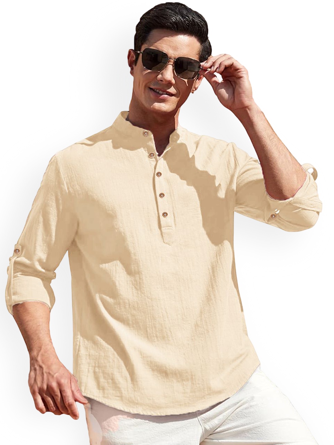 

Vida Loca Band Collar Roll-Up Sleeves Pure Cotton Slim Fit Straight Short Kurta, Beige
