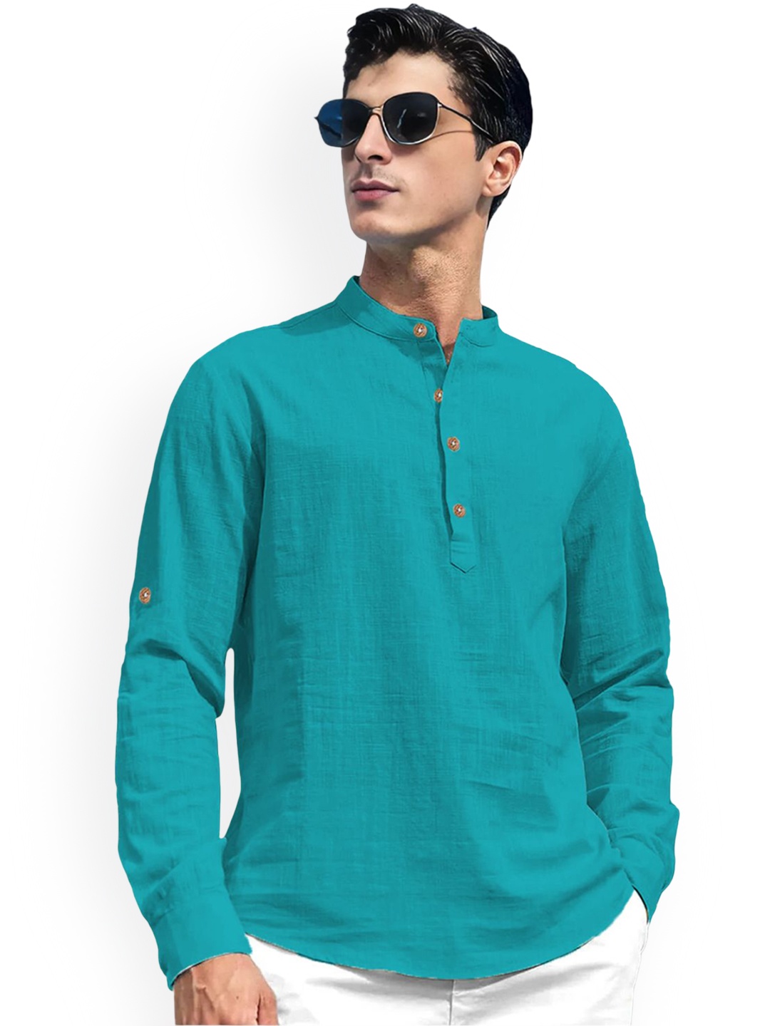 

Vida Loca Mandarin Collar Pure Cotton Slim Fit Straight Short Kurta, Turquoise blue