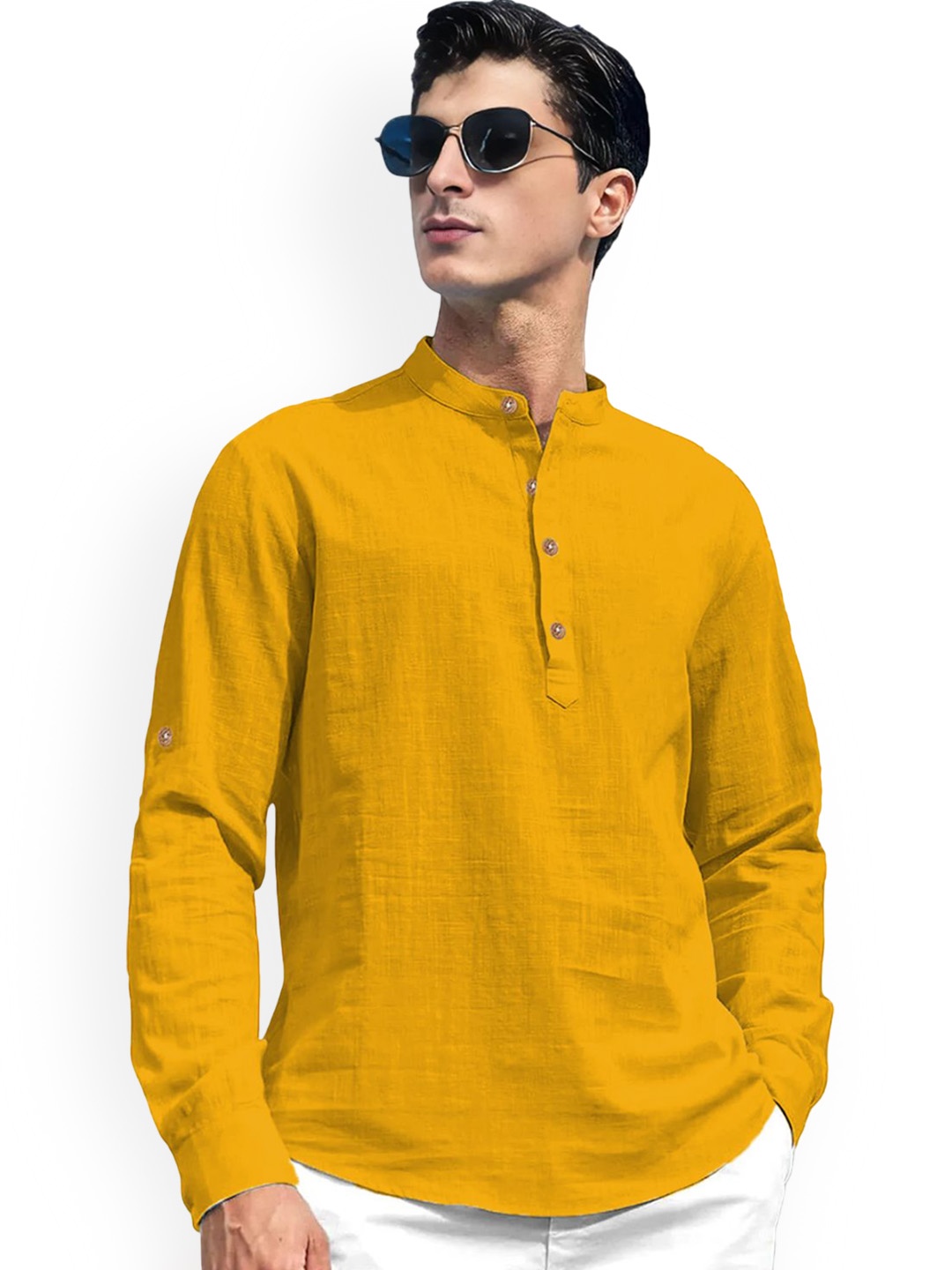 

Vida Loca Mandarin Collar Pure Cotton Slim Fit Straight Short Kurta, Yellow