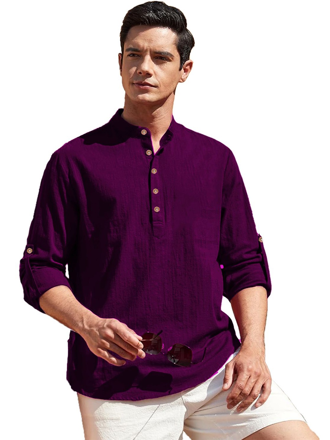

Vida Loca Mandarin Collar Pure Cotton Slim Fit Straight Short Kurta, Purple