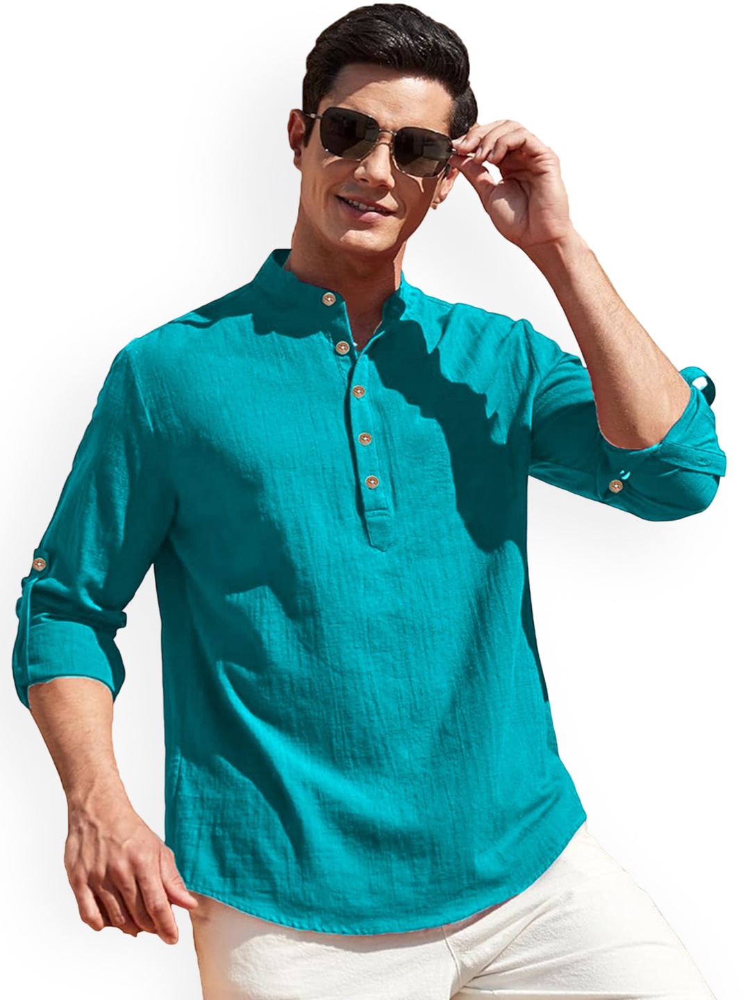 

Vida Loca Band Collar Roll-Up Sleeves Pure Cotton Slim Fit Straight Short Kurta, Turquoise blue