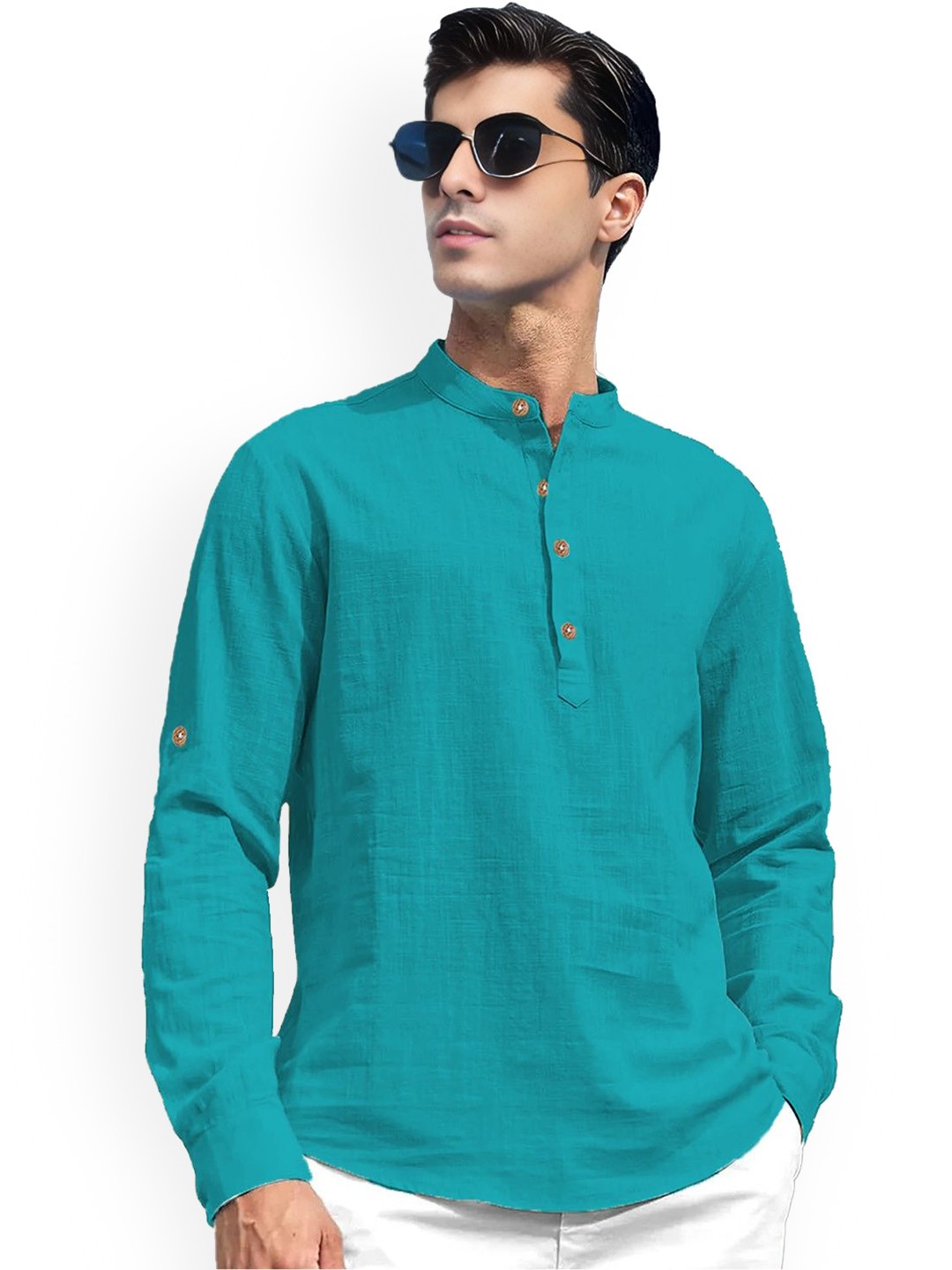 

Vida Loca Band Collar Roll-Up Sleeves Pure Cotton Slim Fit Straight Short Kurta, Turquoise blue