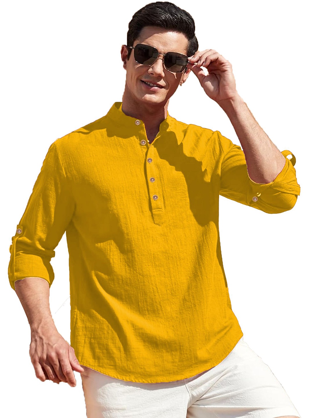 

Vida Loca Band Collar Roll-Up Sleeves Pure Cotton Slim Fit Straight Short Kurta, Yellow