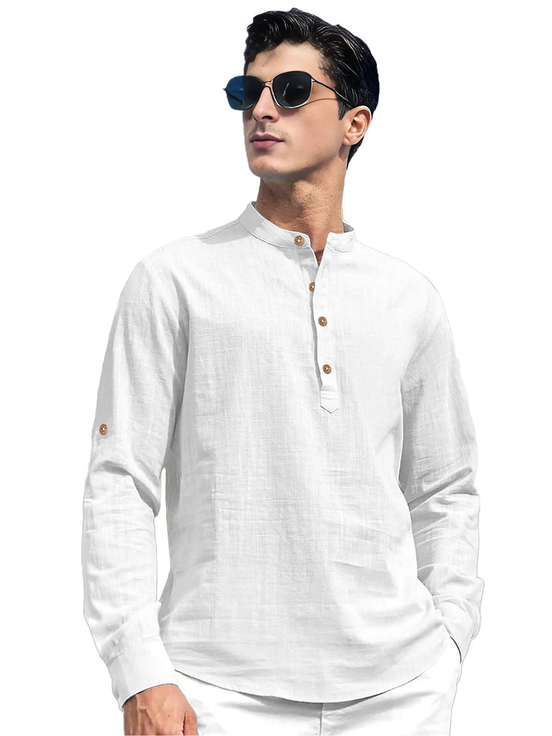 

Vida Loca Mandarin Collar Pure Cotton Slim Fit Straight Short Kurta, White