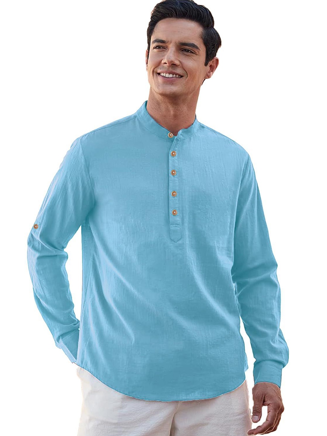 

Vida Loca Band Collar Roll-Up Sleeves Pure Cotton Slim Fit Straight Short Kurta, Blue