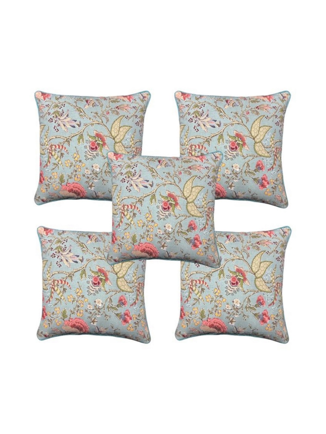 

MONKDECOR Blue & Pink 5 Pieces Floral Printed Cotton Square Cushion Covers