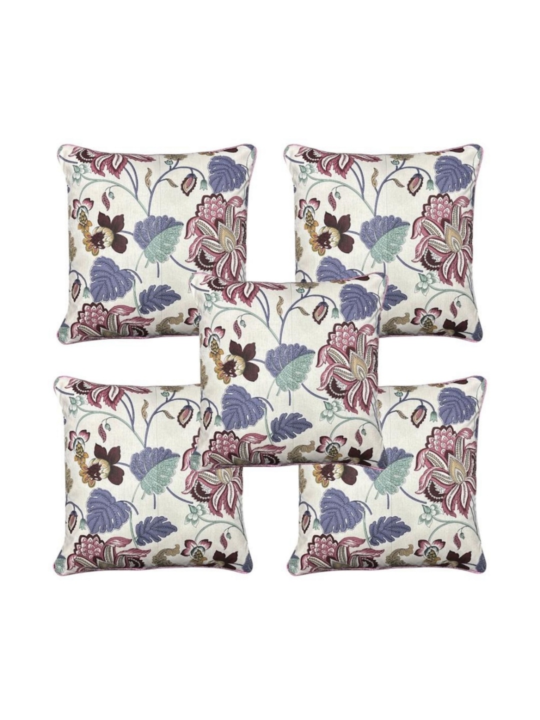 

MONKDECOR White & Blue 5 Pieces Floral Printed Cotton Square Cushion Covers