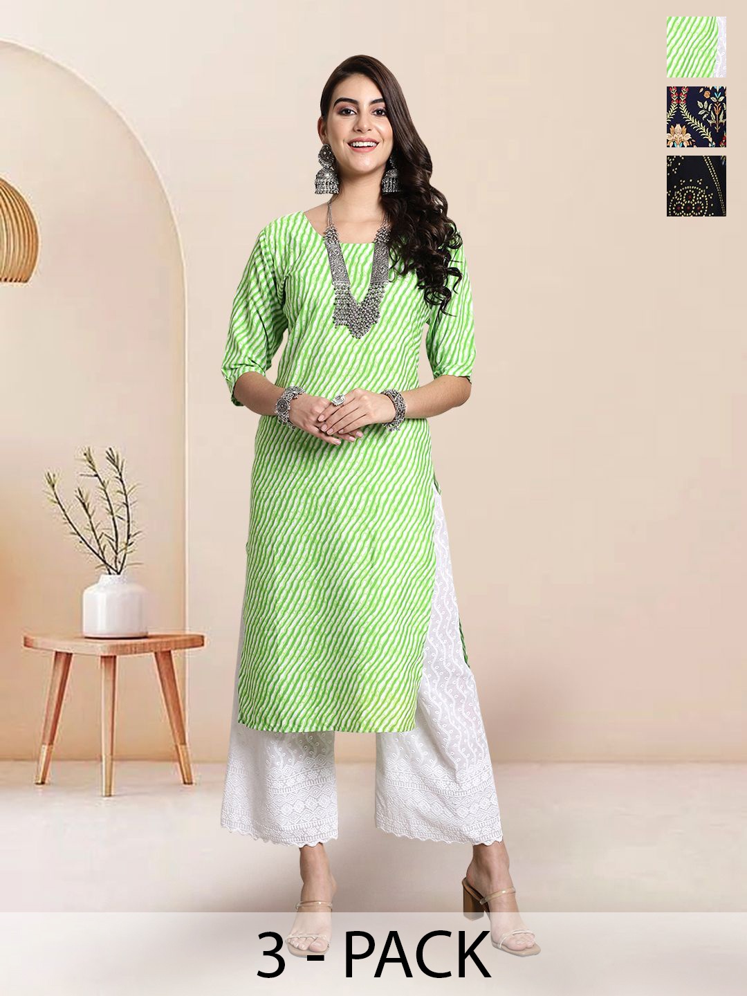 

7Threads Selection of 3 Leheriya Printed Round Neck Straight Kurtas, Green