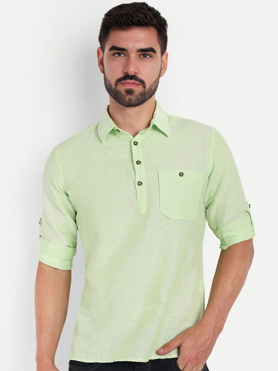 

Vida Loca Band Collar Roll-Up Sleeves Pure Cotton Slim Fit Straight Short Kurta, Sea green