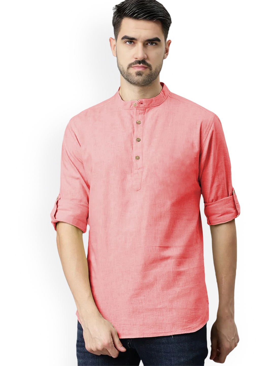 

Vida Loca Band Collar Roll-Up Sleeves Pure Cotton Slim Fit Straight Short Kurta, Peach