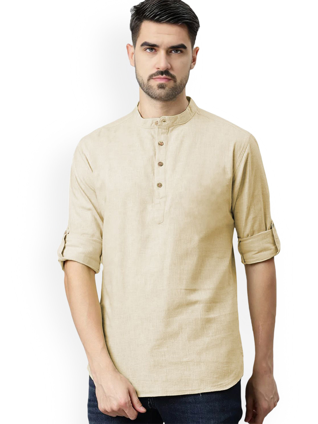 

Vida Loca Band Collar Roll-Up Sleeves Pure Cotton Slim Fit Straight Short Kurta, Beige