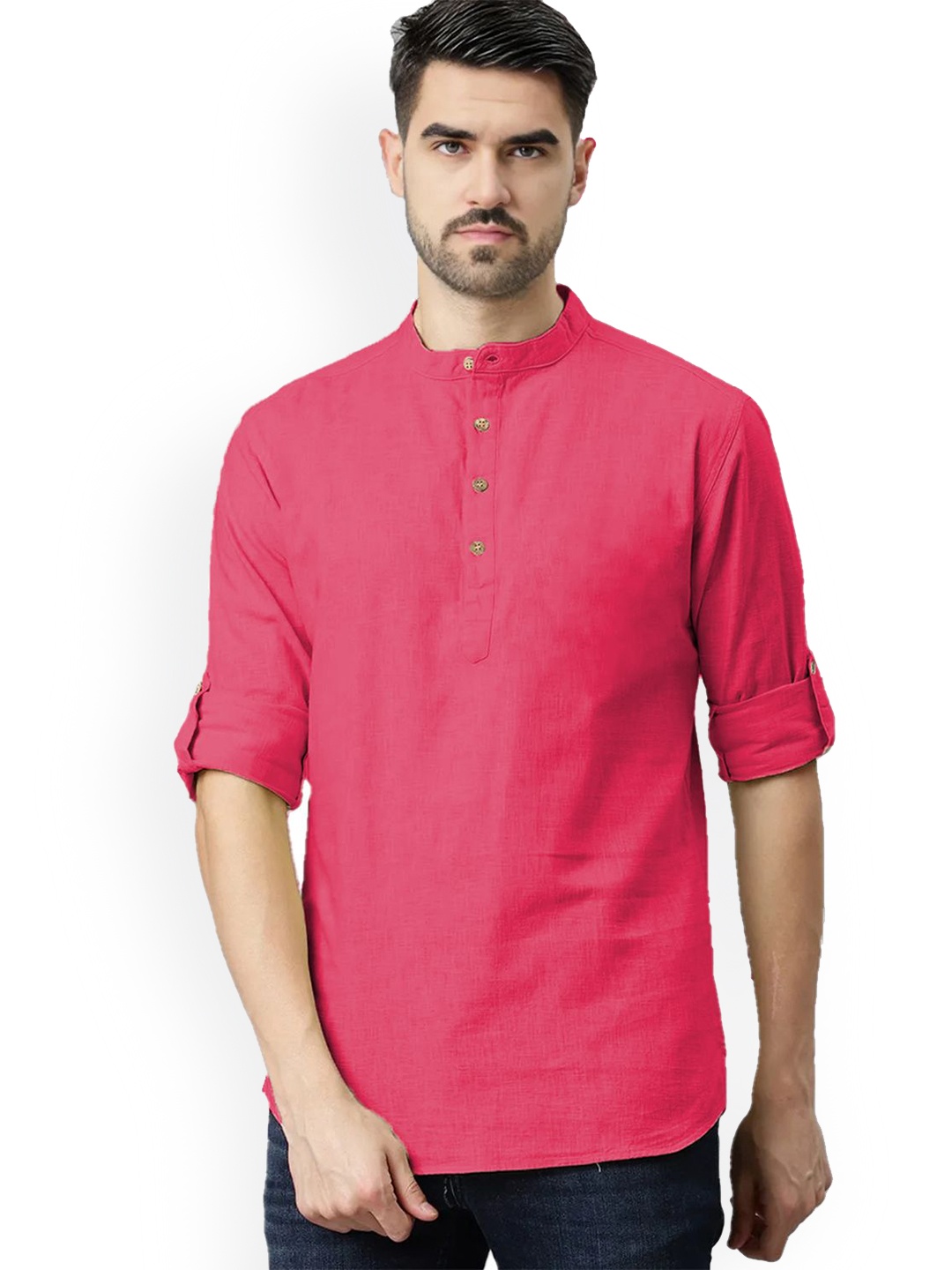 

Vida Loca Roll-Up Sleeves Band Collar Cotton Straight Short Kurta, Pink