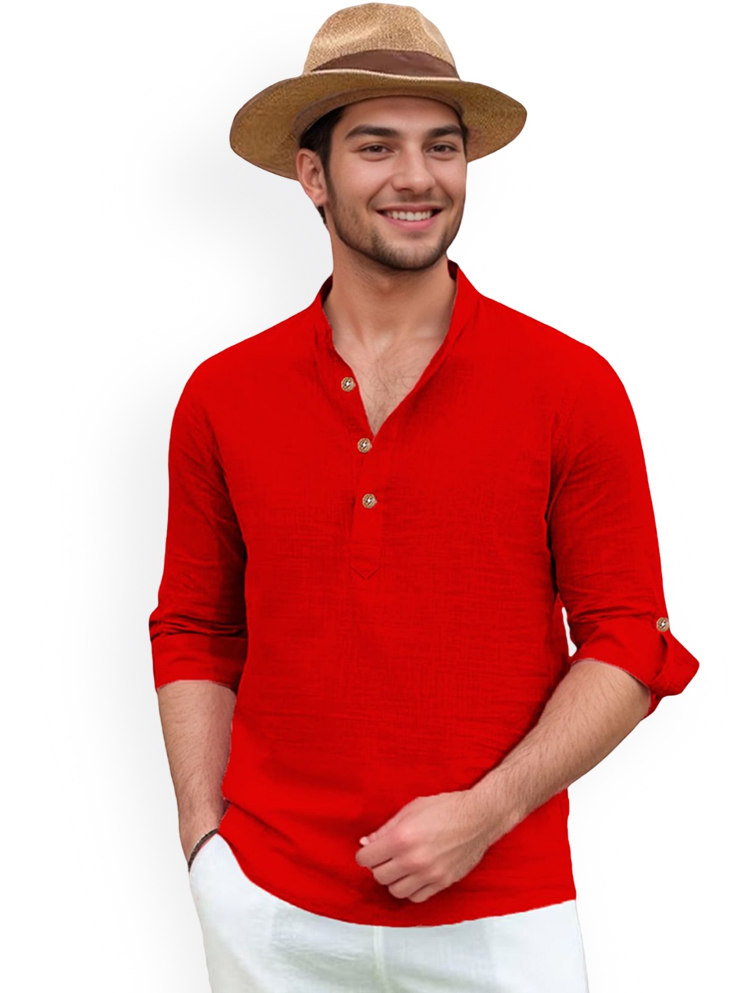 

Vida Loca Roll-Up Sleeves Band Collar Cotton Straight Short Kurta, Red