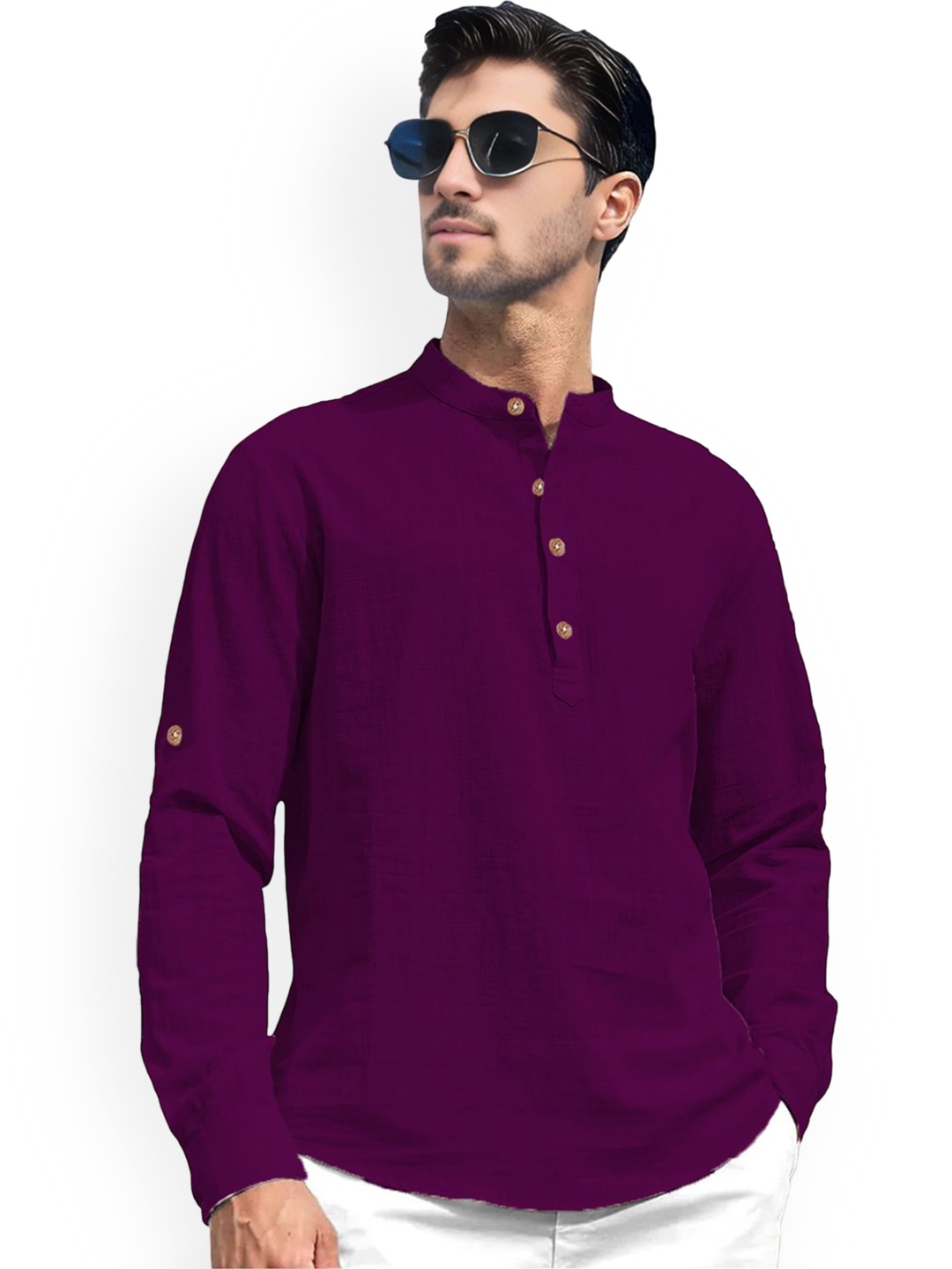 

Vida Loca Band Collar Roll-Up Sleeves Pure Cotton Slim Fit Straight Short Kurta, Purple