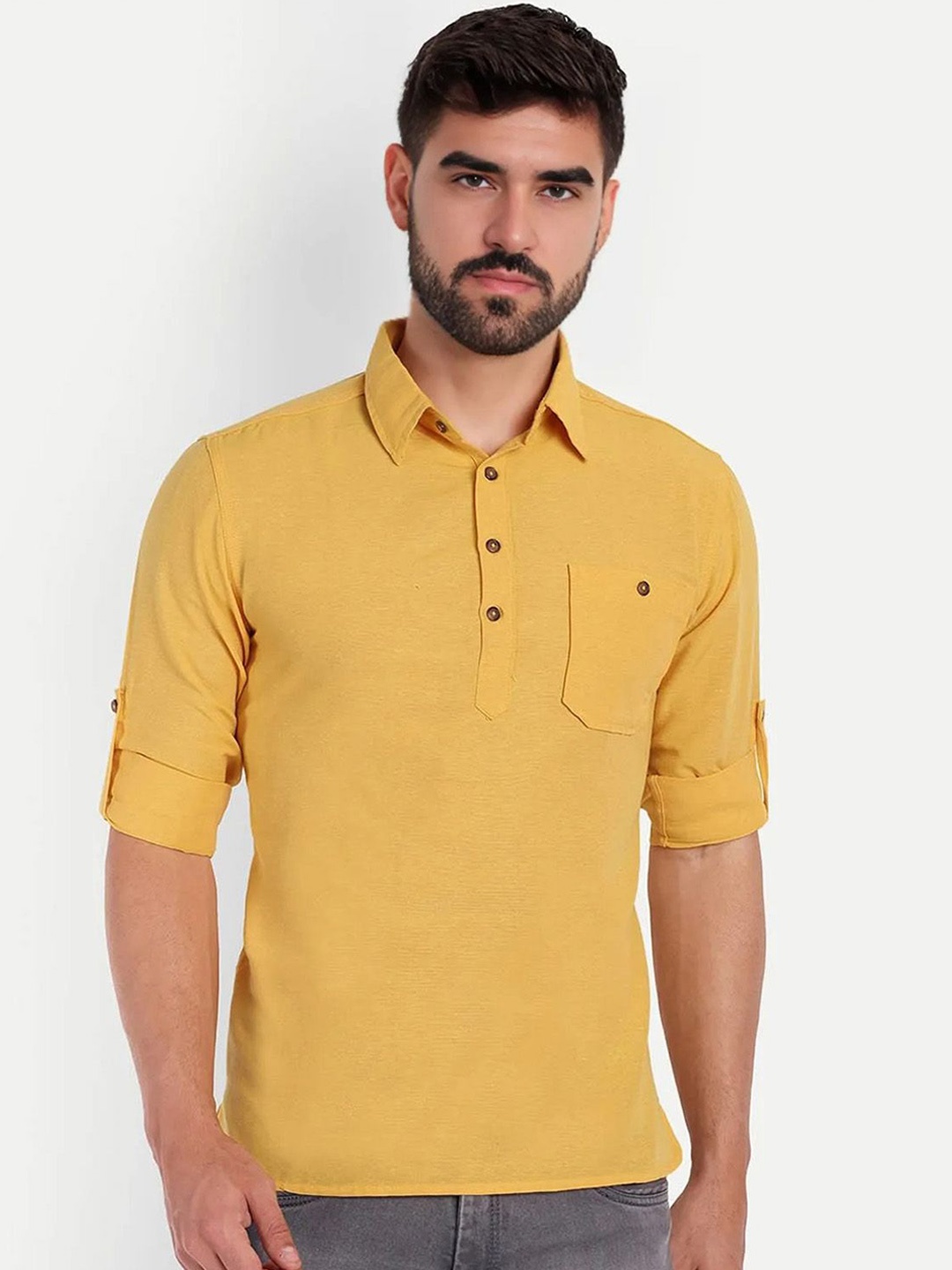 

Vida Loca Shirt Collar Pure Cotton Slim Fit Straight Short Kurta, Yellow